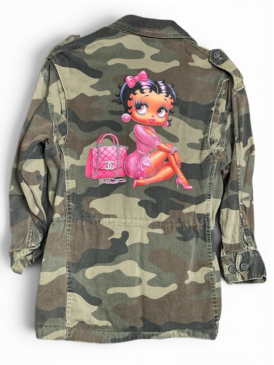 Zara Jackets & Blazers - Zara Camo Utility Jacket with Pink Betty Doll Graphic on the back size M